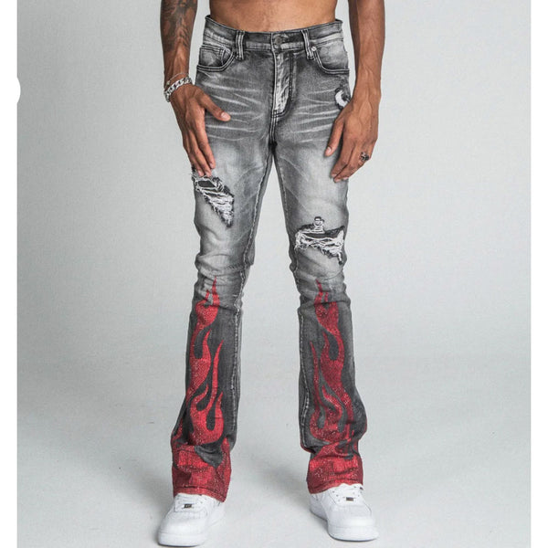 Armor Jeans Rhinestone Flame Mid-Rise Stacked Jeans | Red Flame