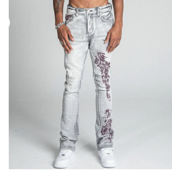 Armor Jeans Lace Faded Wash Mid-Rise Stacked Jeans | Grey Wash Red Lace